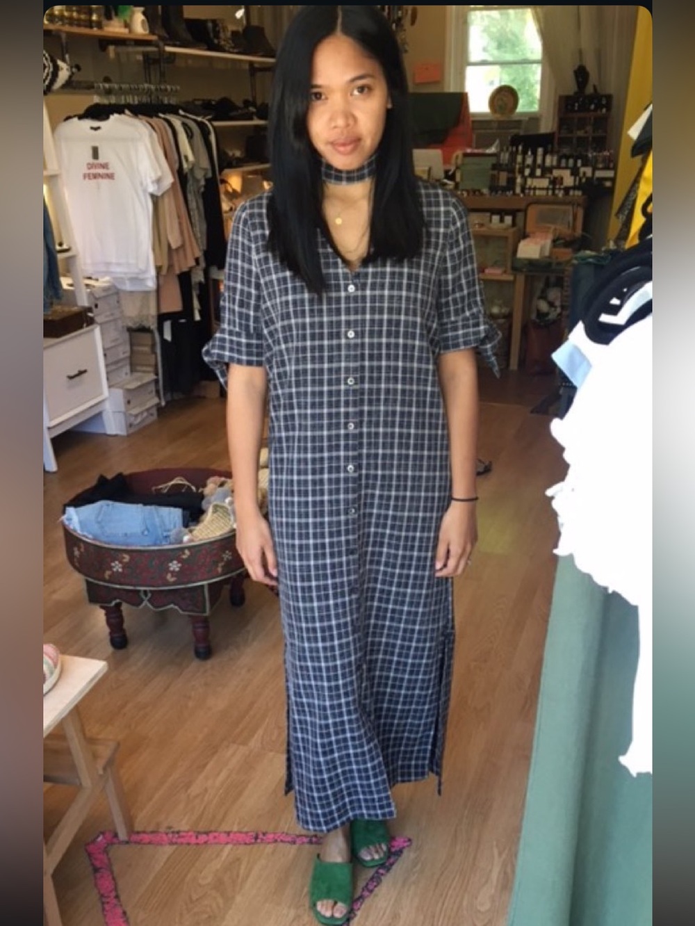 Moon River, Navy Plaid Button-Front Maxi Dress - S